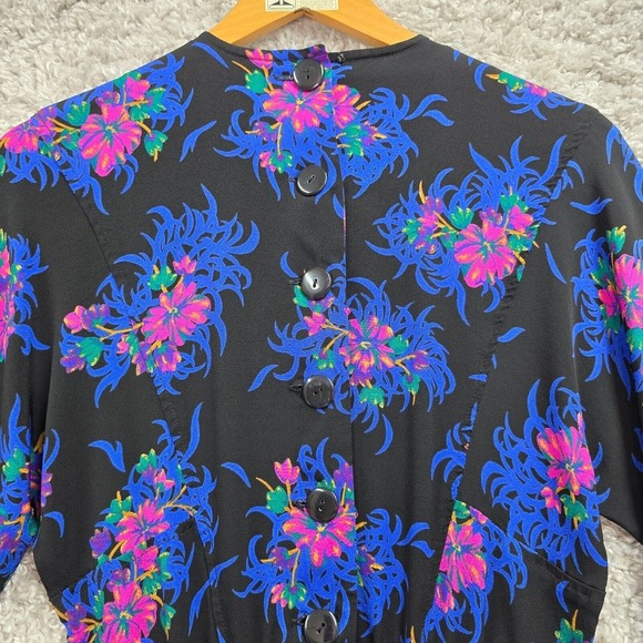 Liz Claiborne Dress Womens 6 Black Colorful Floral Rayon Mini Pleated 80s Retro - Picture 9 of 16